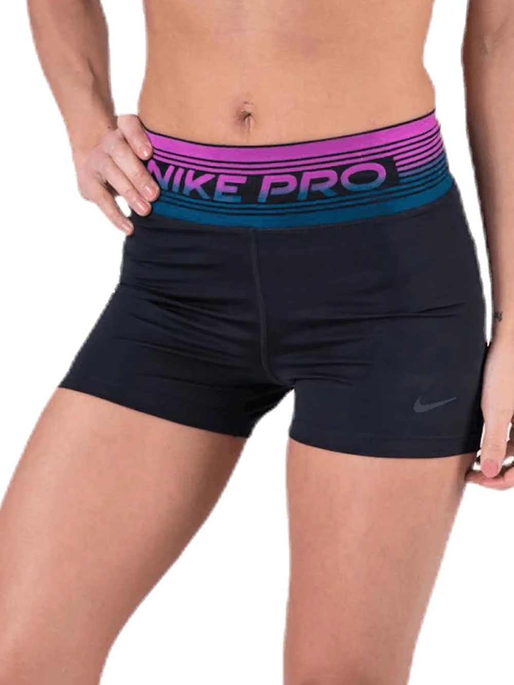 Nike Black Compression Shorts with Pink and Blue Gradient Waistband Size M 3”